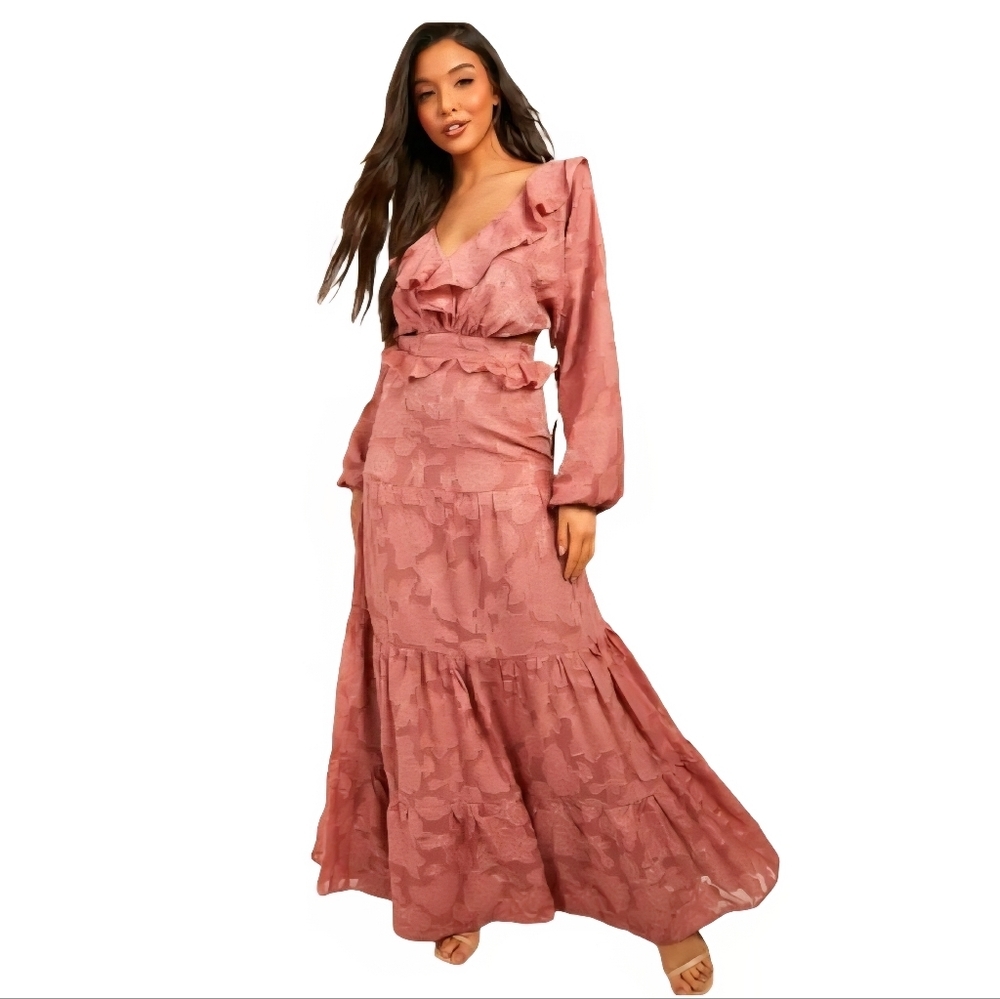 BOOHOO Dusty Pink Long Sleeve Boho Frill Maxi Dress Size US 10 Wedding Guest
